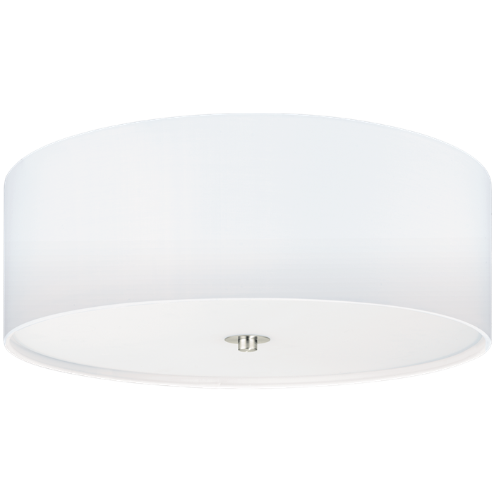 Pasteri loftlampe lampeskærm i Hvid tekstil og Hvid glas og metal i Satin Nikkel, 3x60W E27, diameter 47,5 cm, højde 19,5 cm.