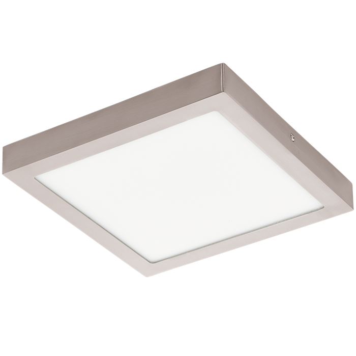 Fueva 1 LED loft lampe i støbt metal Satin Nikkel med skærm i Hvid plastik, 24W LED, længde 30 cm, bredde 30cm, højde 4 cm.