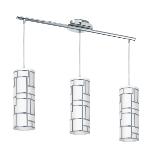 Bayman Pendel Hvide glasskærme med dekoration i Krom metal og metal i Krom, MAX 3x60W E27, længde 72 cm, bredde 10,5 cm, højde 1