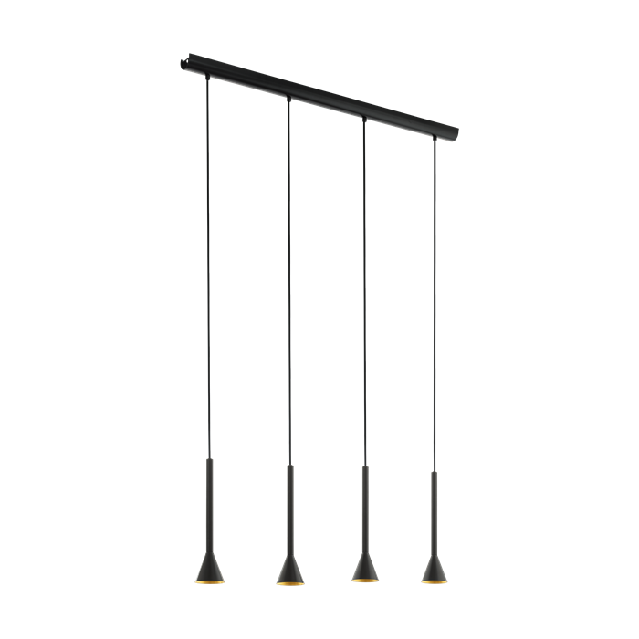 Cortaderas pendel i metal Sort og Guld, 4x5W LED GU10, længde 113 cm, bredde 8,5 cm, højde 150 cm. 